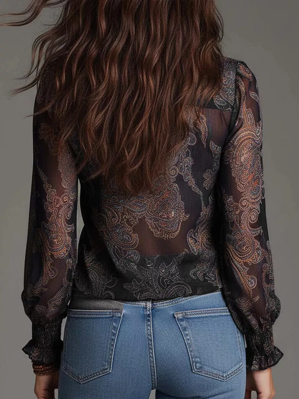 Full Size Paisley Print Ruffle Trim Zip-Front Blouse Plus Size, image 16