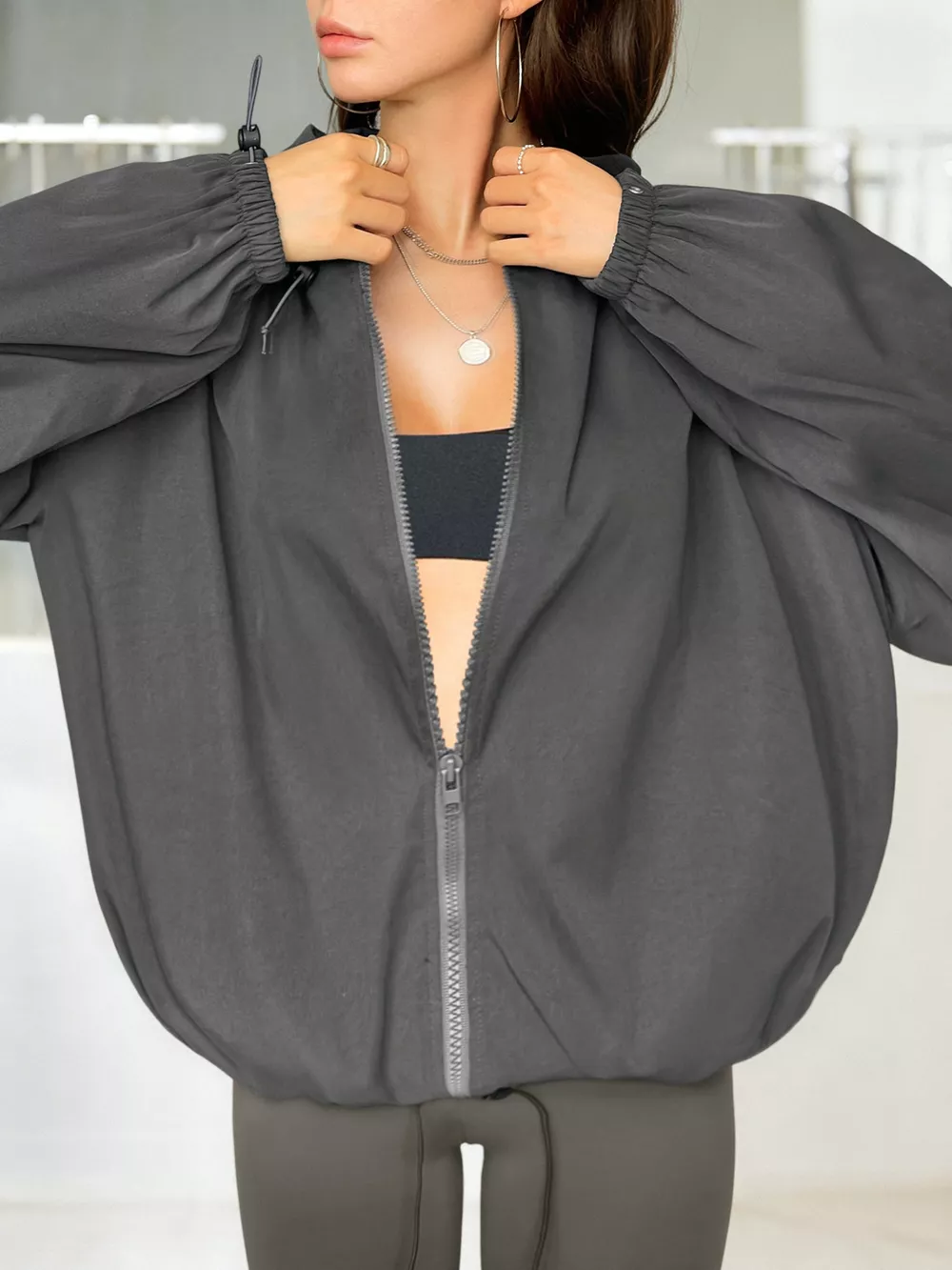 Drawstring Zip Up Hooded Jacket, image 3