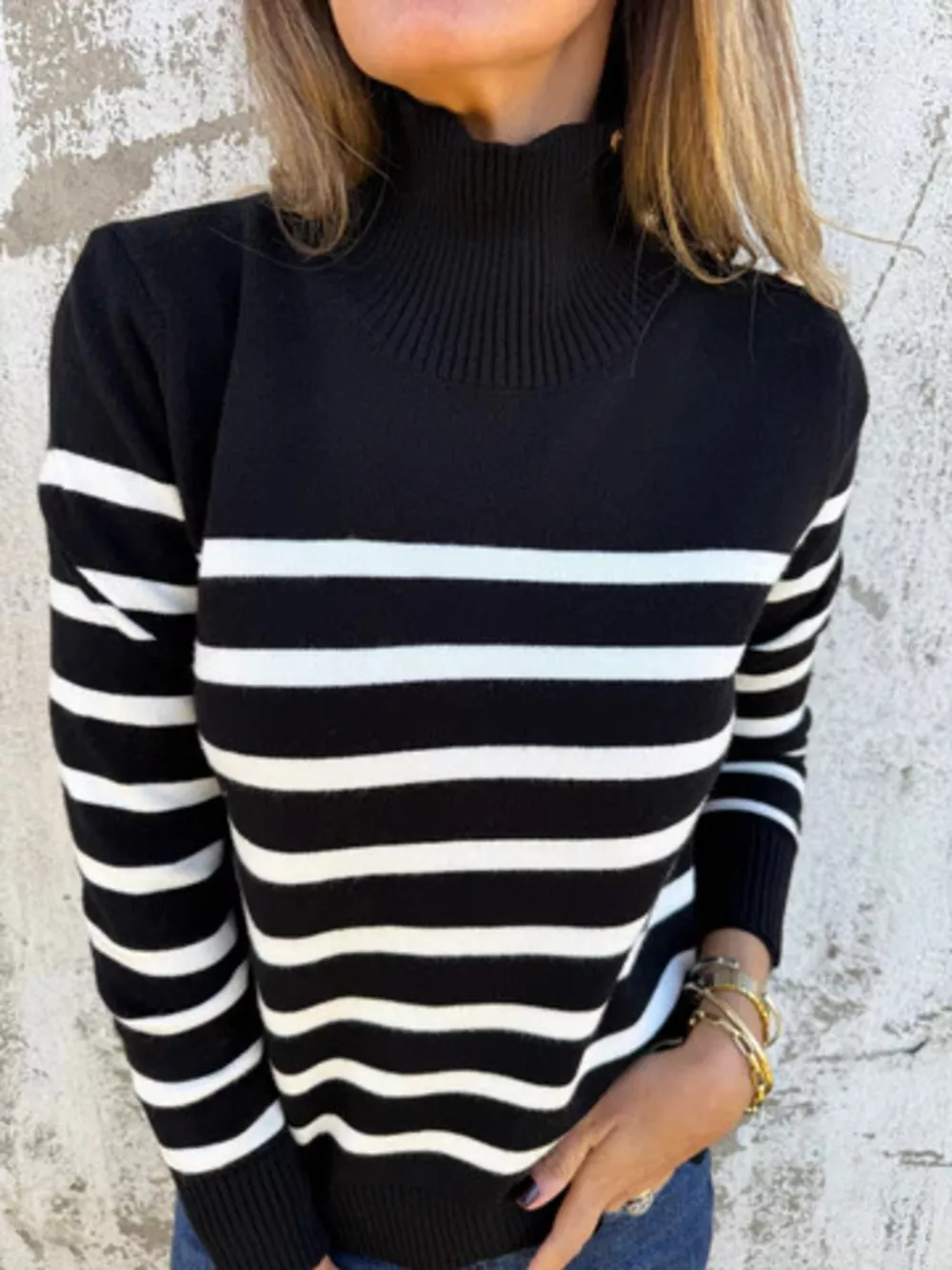 Full Size Striped Turtleneck Long Sleeve Sweater Plus Size