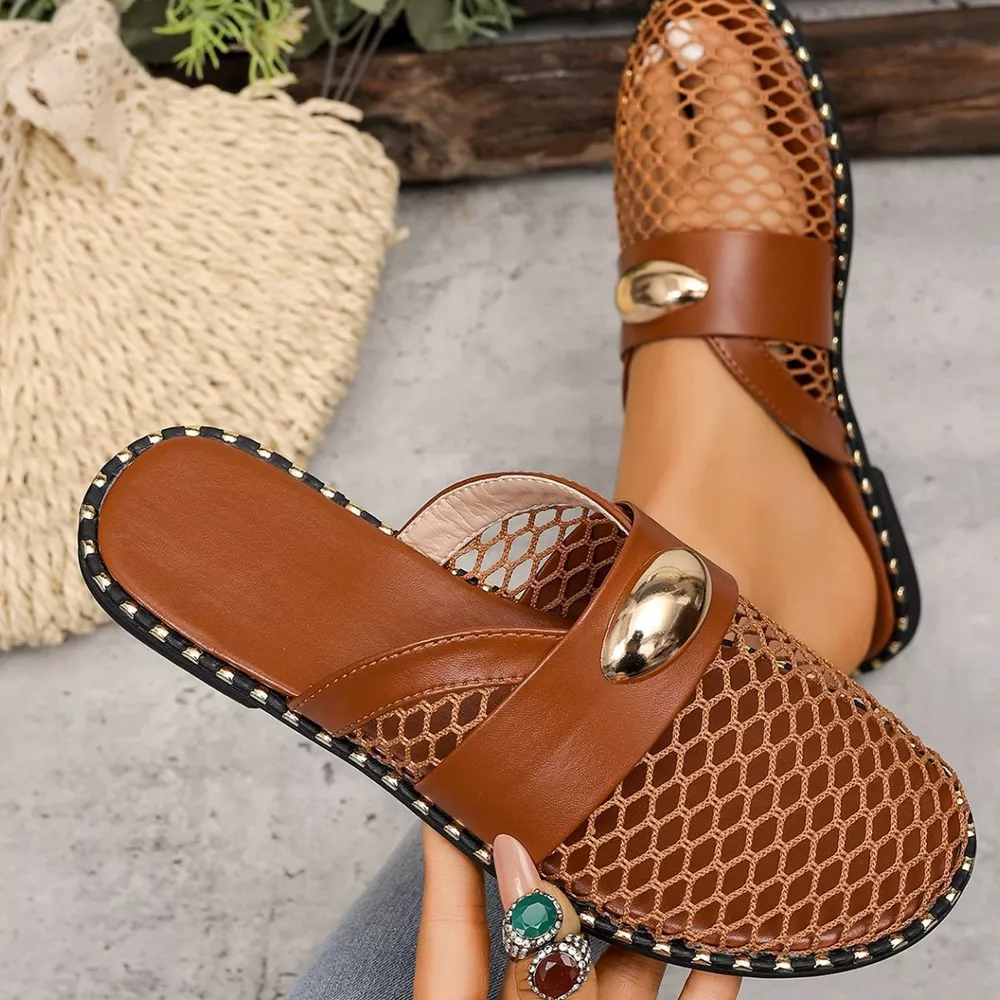Mesh Hollow-Out Flat Sandals with Metallic Embellishment, image 3
