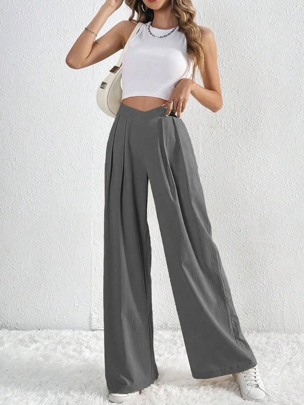 V-Waisted Ruched Front Wide Leg Pants, image 17