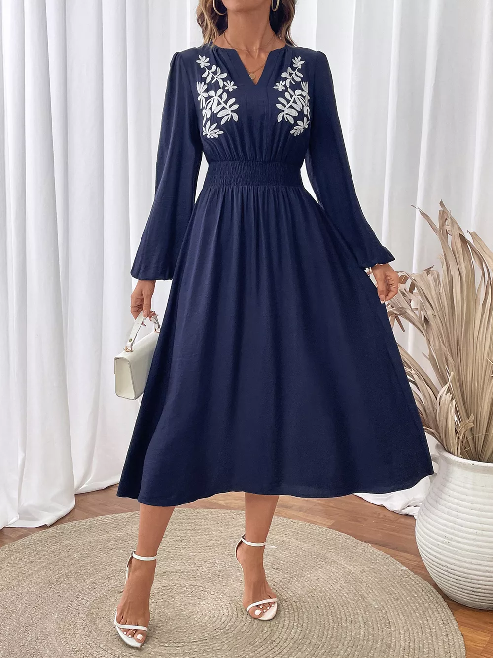 Embroidered Notched Long Sleeve Midi Dress, image 5