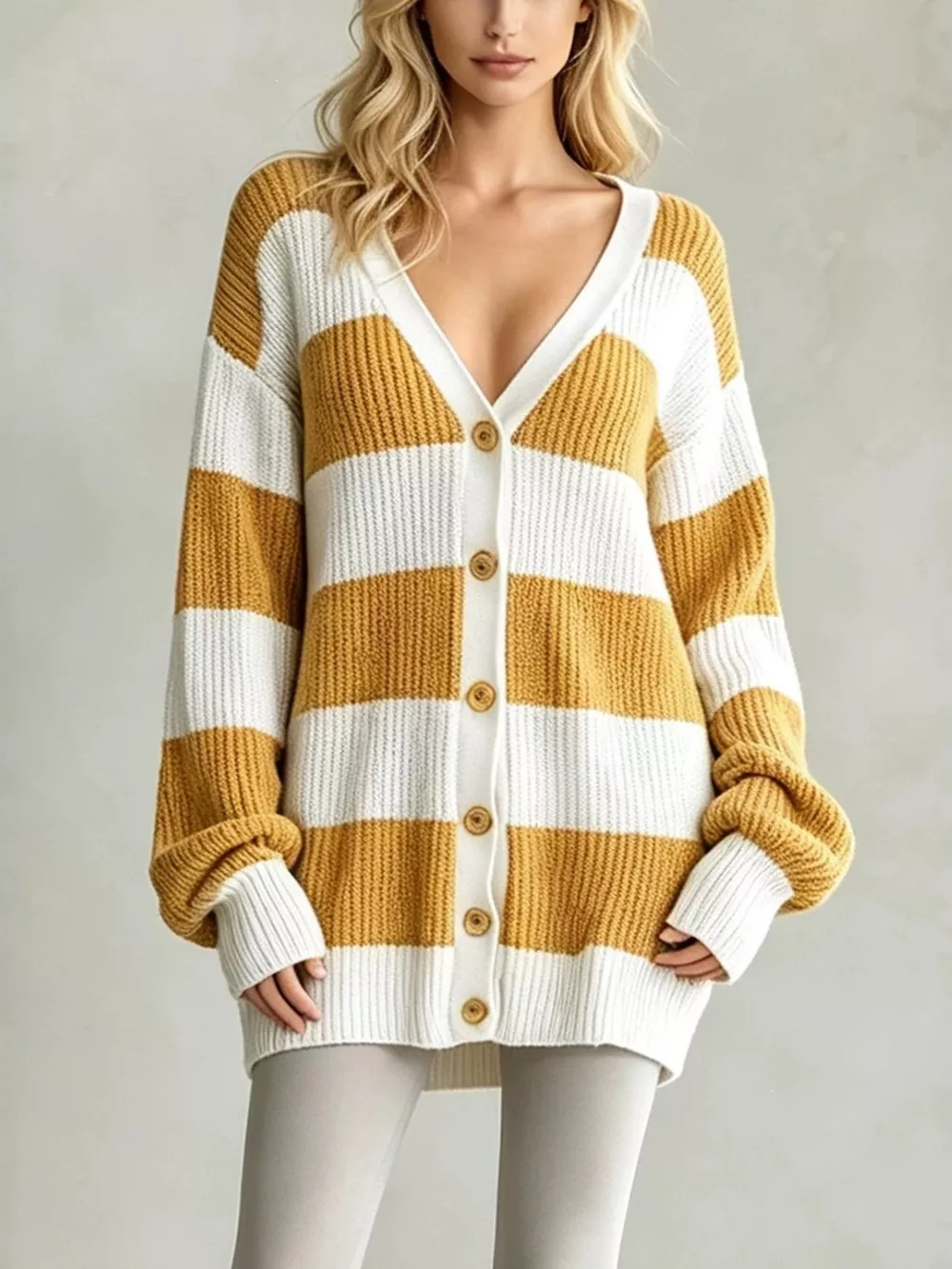 Striped V-Neck Button-Down Cardigan