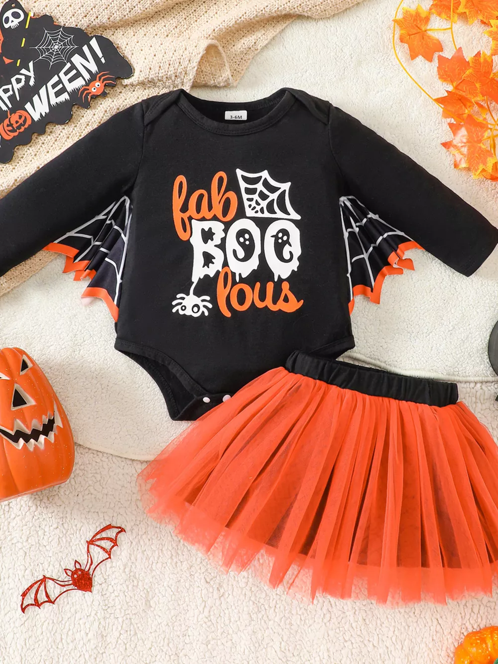 Children's Halloween 'Fab-Boo-Lous' Bat Wing Long Sleeve Top and Tulle Skirt Set, image 2