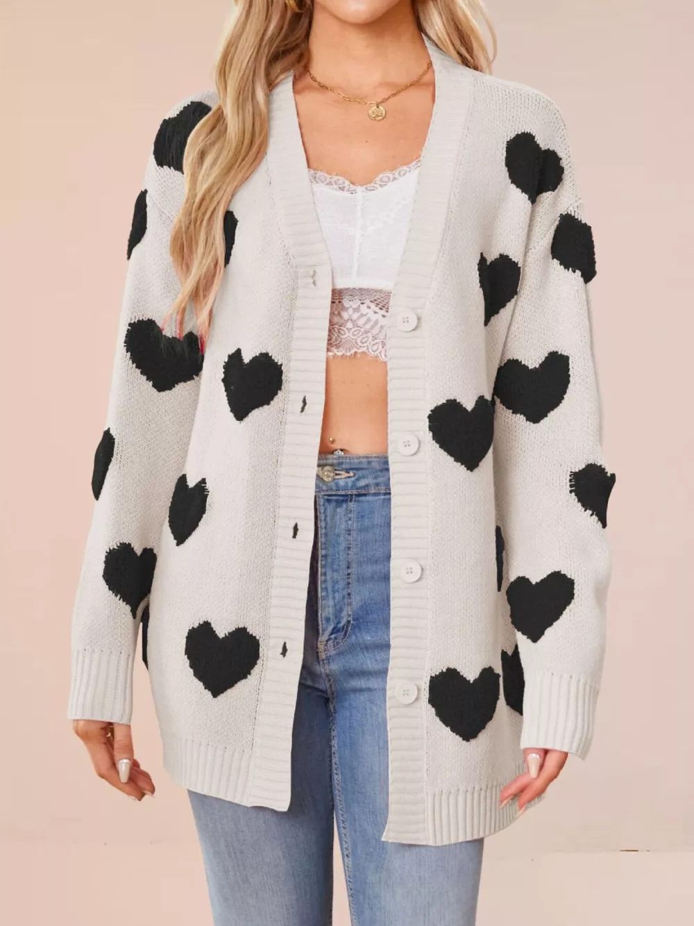 Heart Pattern V-Neck Button-Down Knit Cardigan, image 9