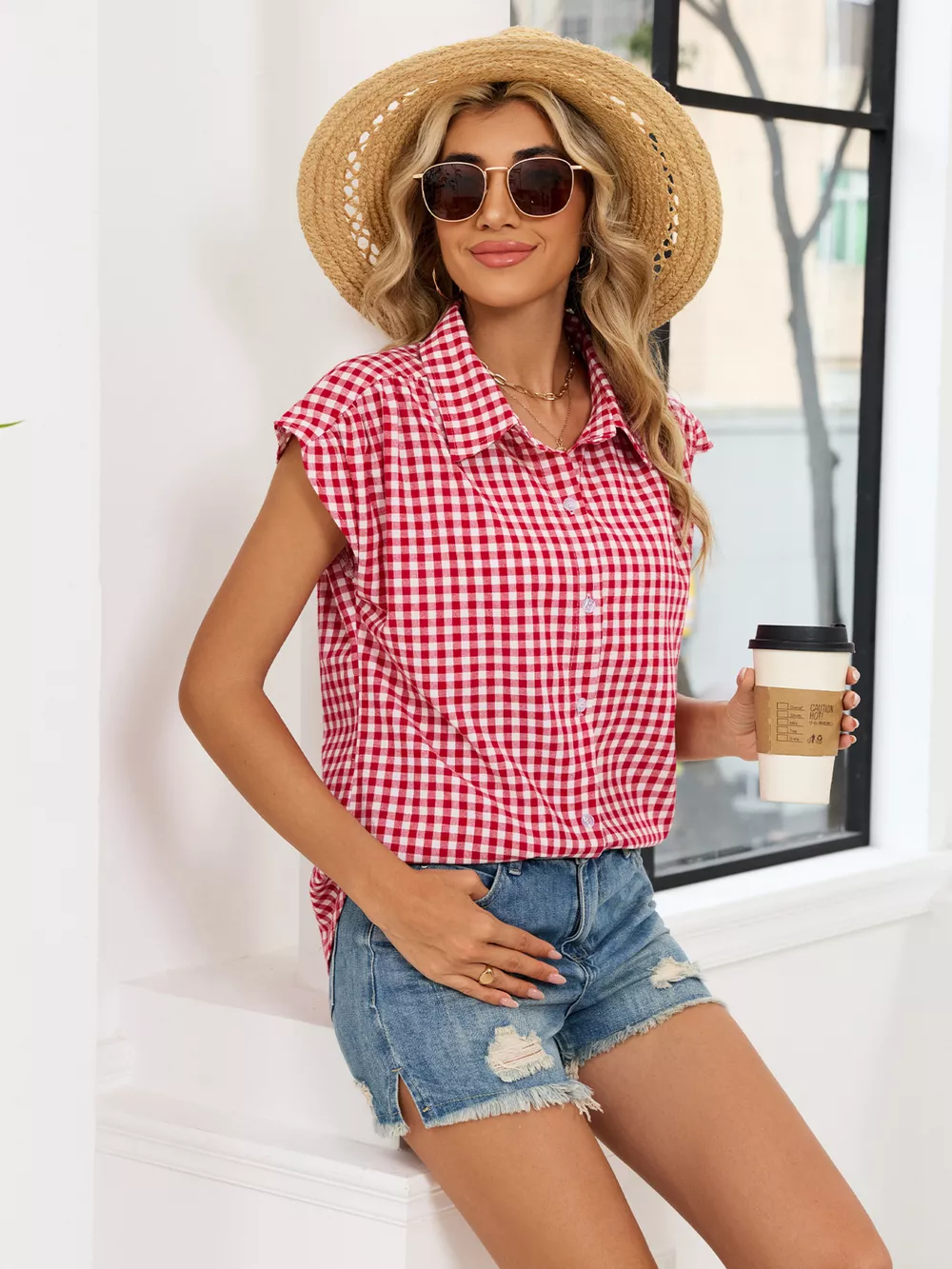 Plaid Button Up Cap Sleeve Shirt, image 2