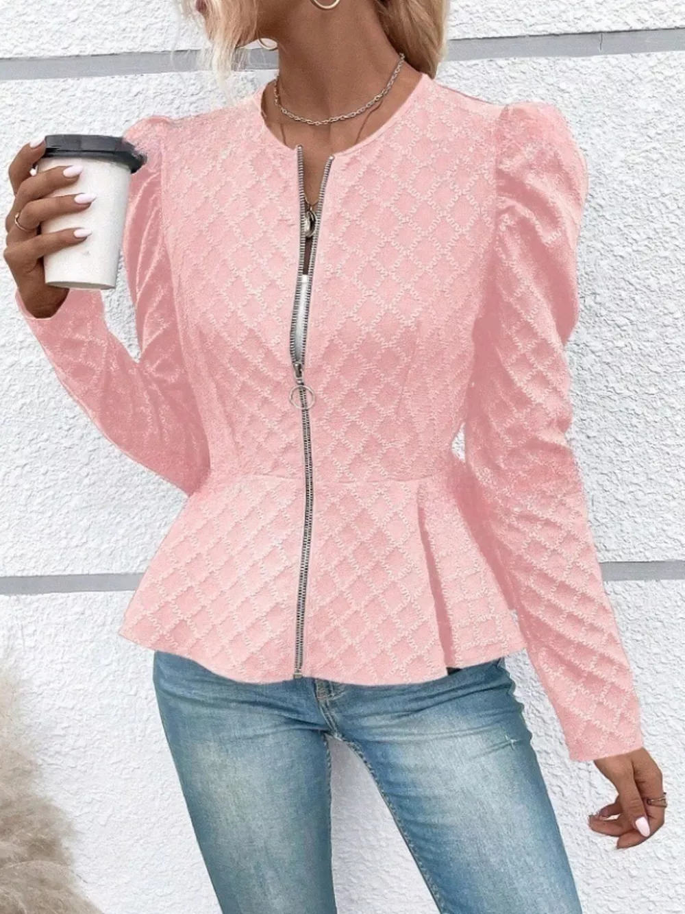 Puff Sleeve Textured Jacquard Jacket, image 6