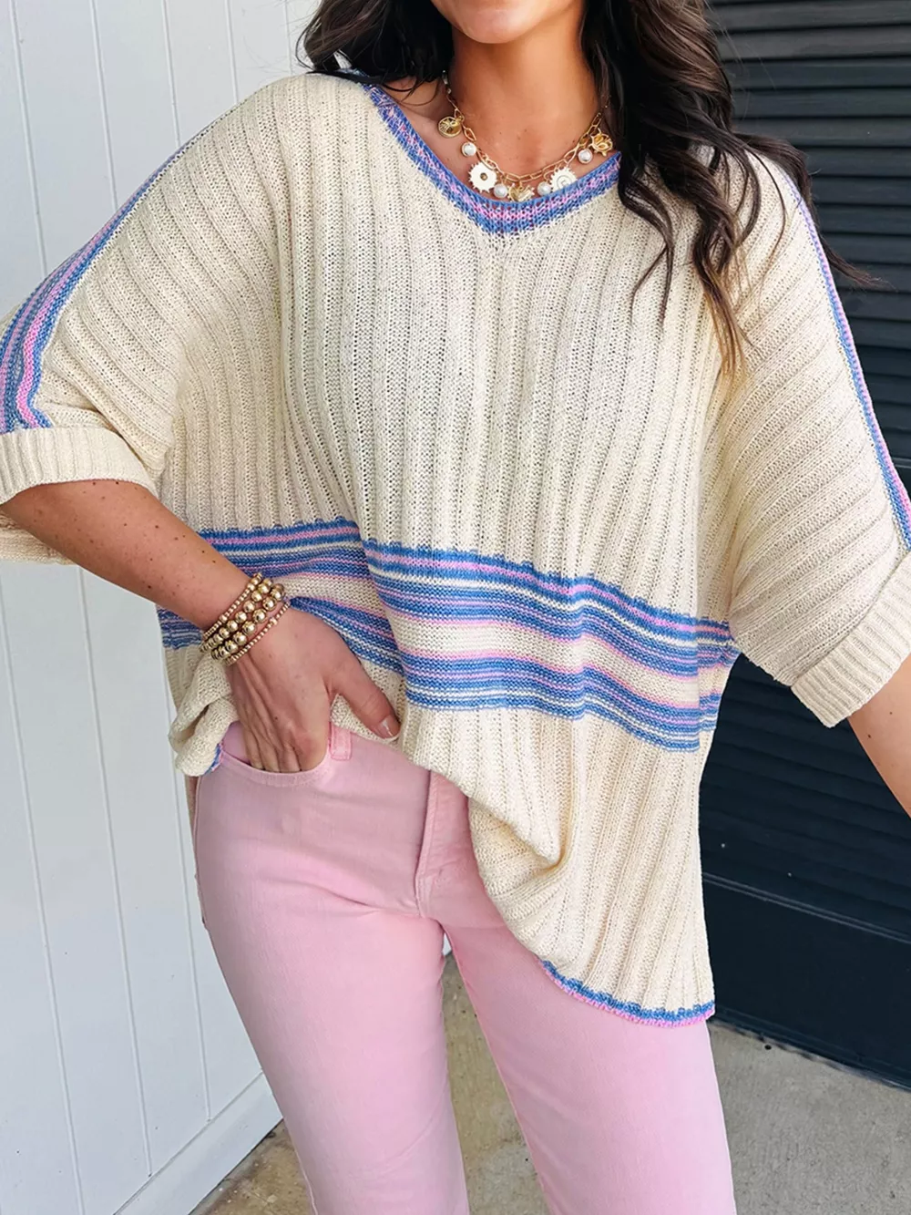 Striped V Neck Dolman Sleeve Rib Knit Oversized Sweater with Slits, image 10