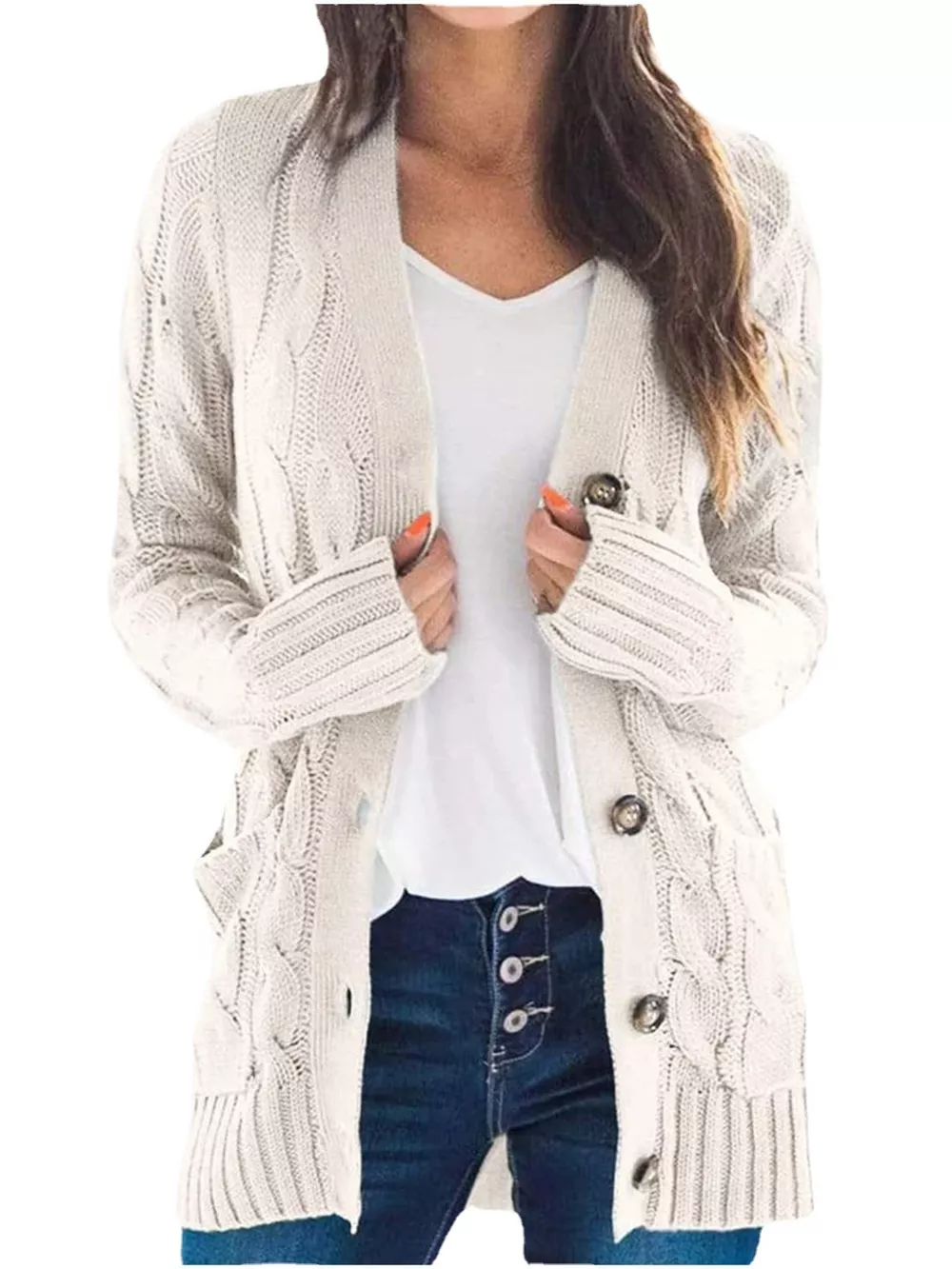 Full Size Chunky Cable Knit Button-Down Cardigan Plus Size, image 2