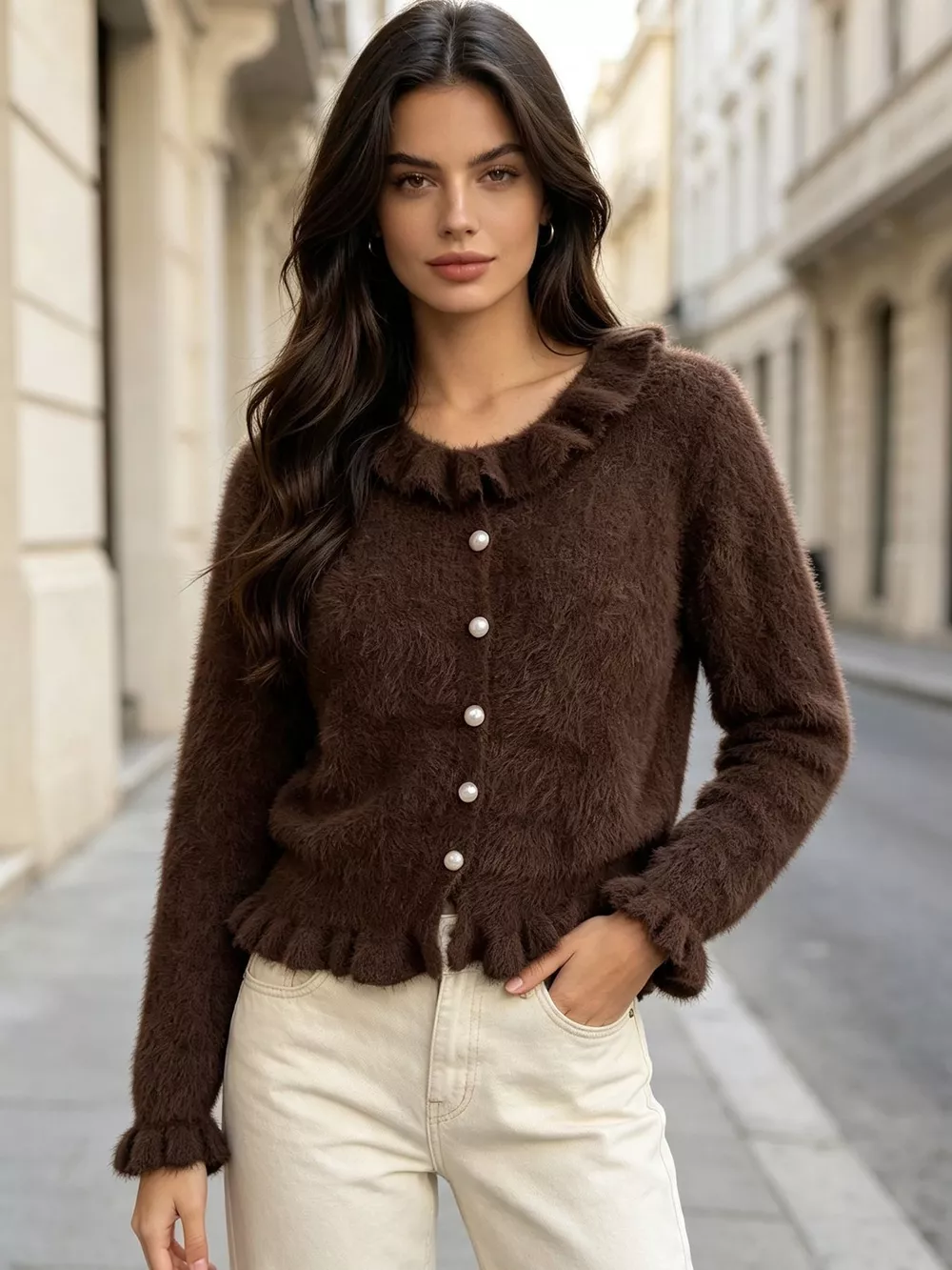 Soft Fuzzy Cardigan with Ruffled Collar and Pearl Buttons, image 14