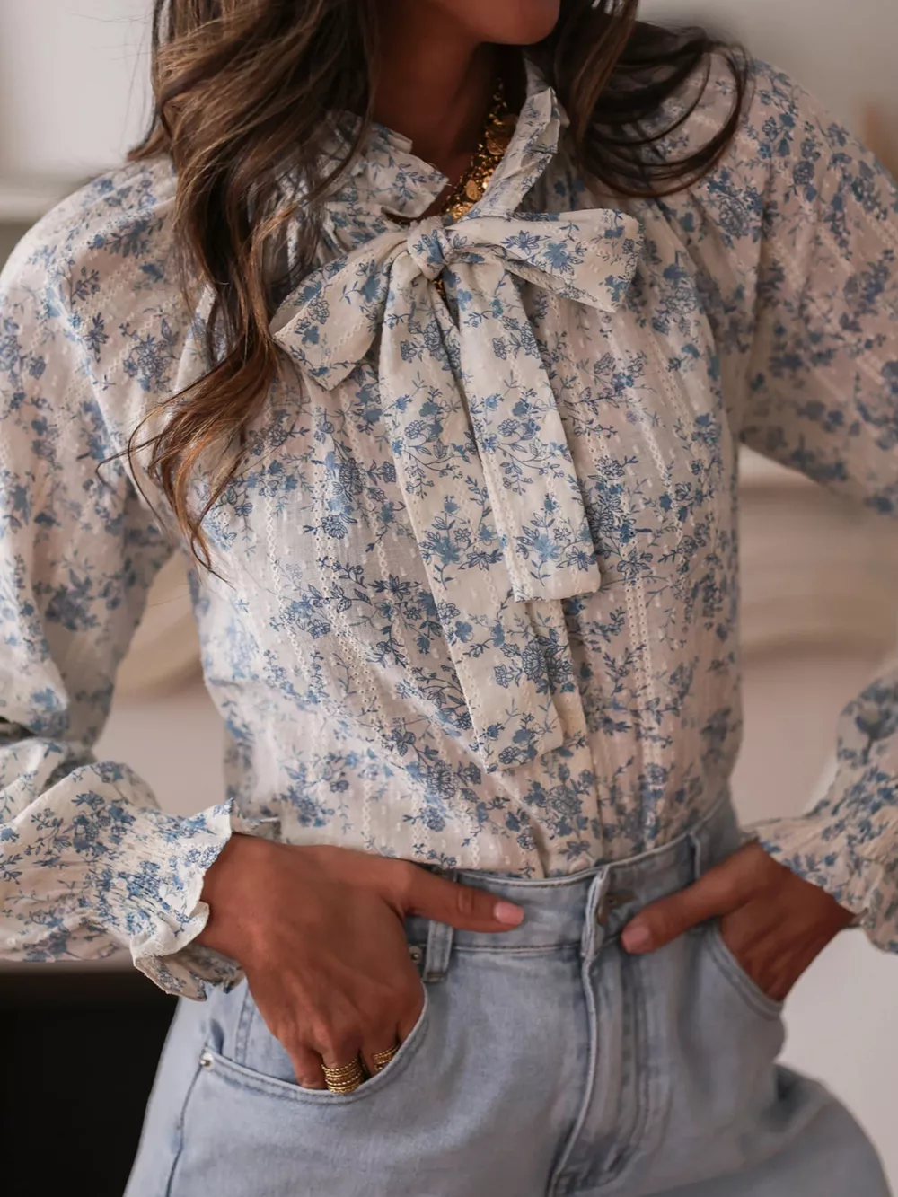 Floral Print Tie Neck Long Sleeve Blouse, image 2
