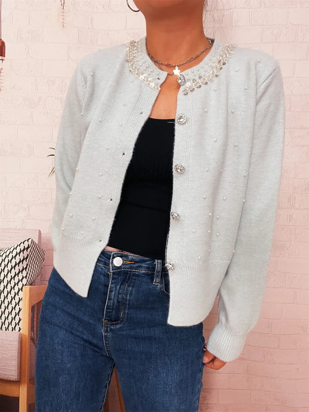 Pearl Detail Button-Front Cardigan, image 21