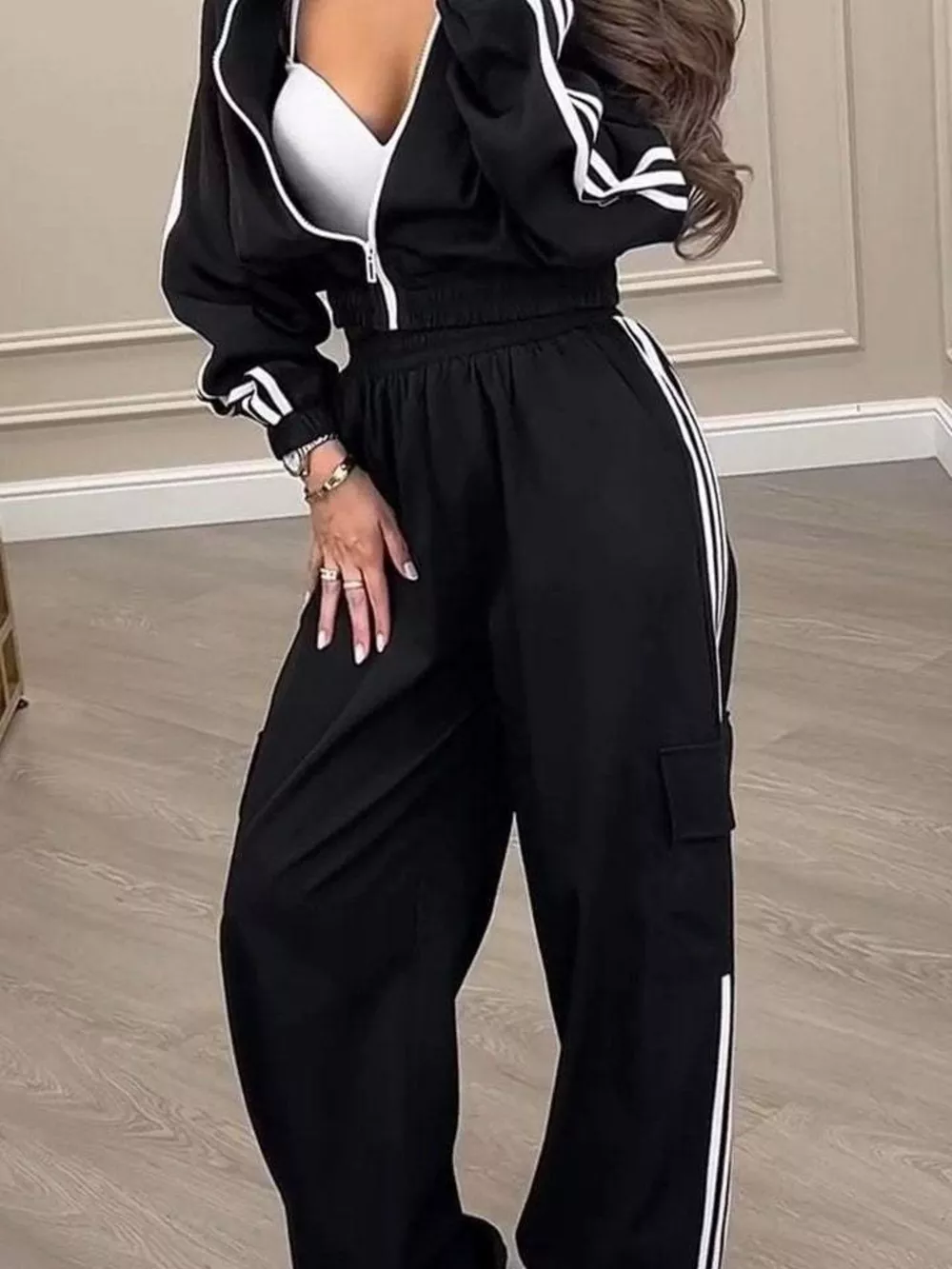 Full Size Side Striped Zip Up Outerwear and Pants Set Plus Size, image 3