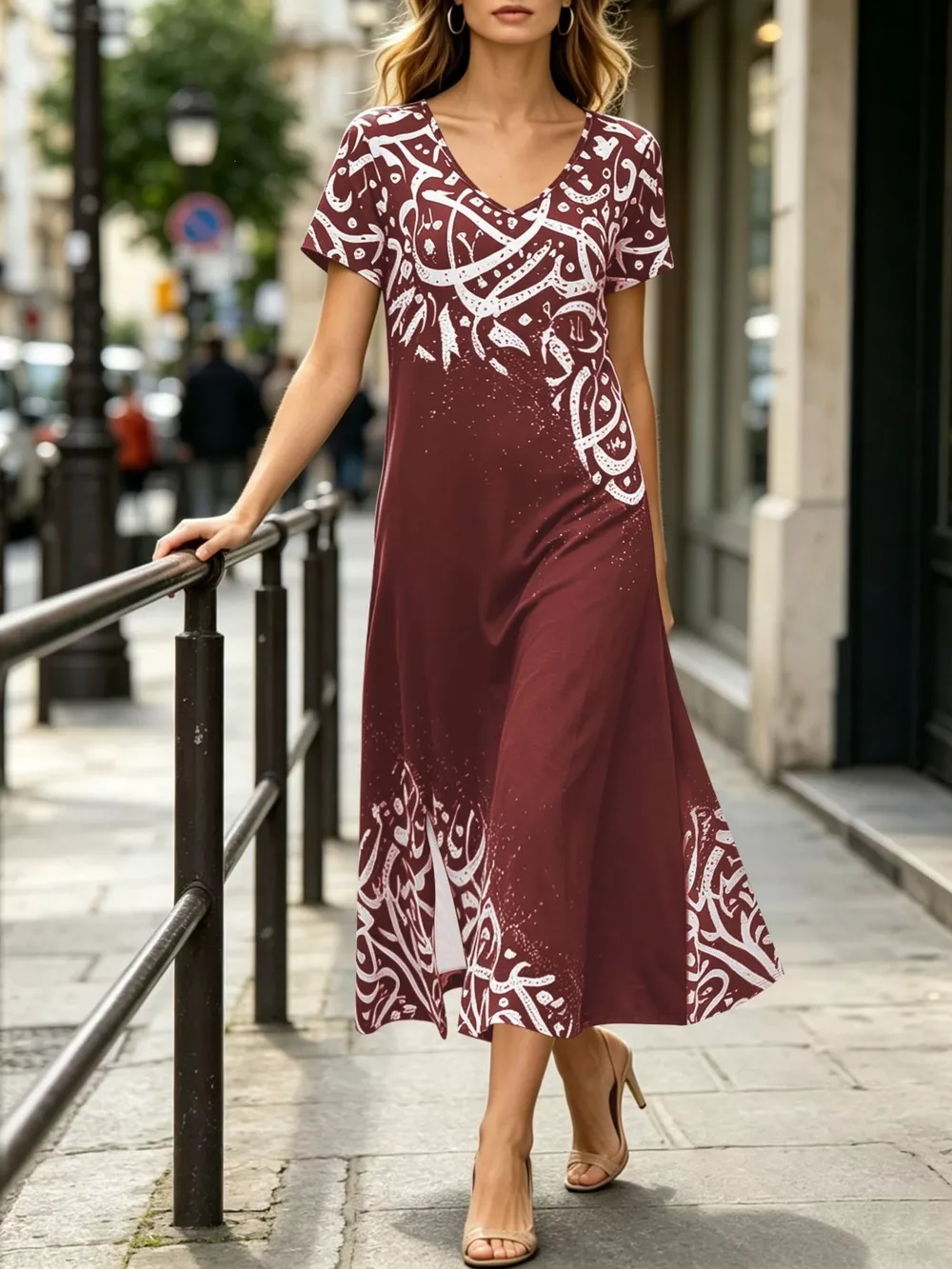 Printed Short Sleeve Midi Dress, image 4