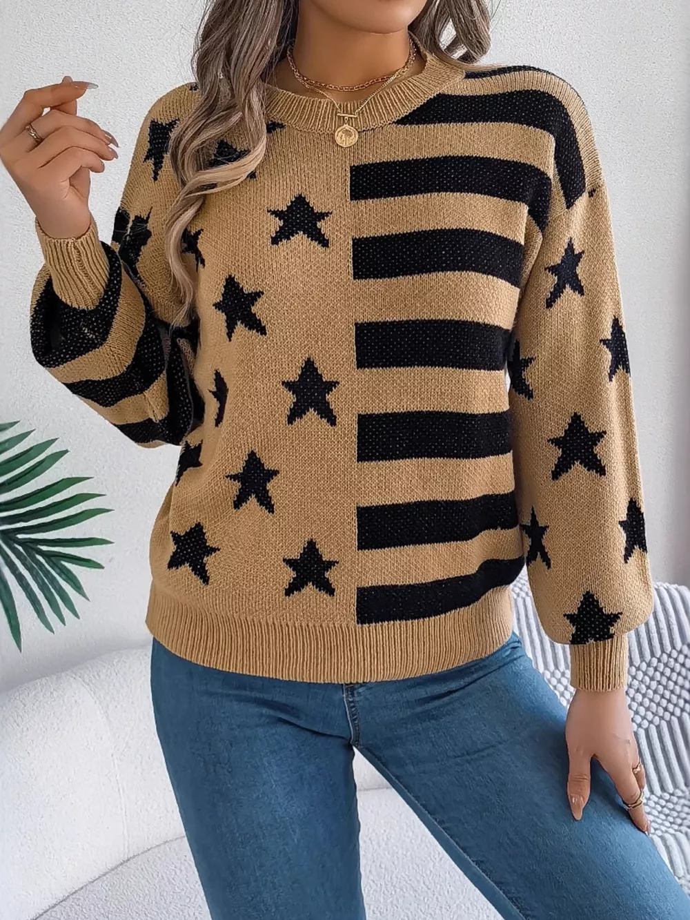 Stars and Stripes Pattern Casual Round Neck Sweater, image 7