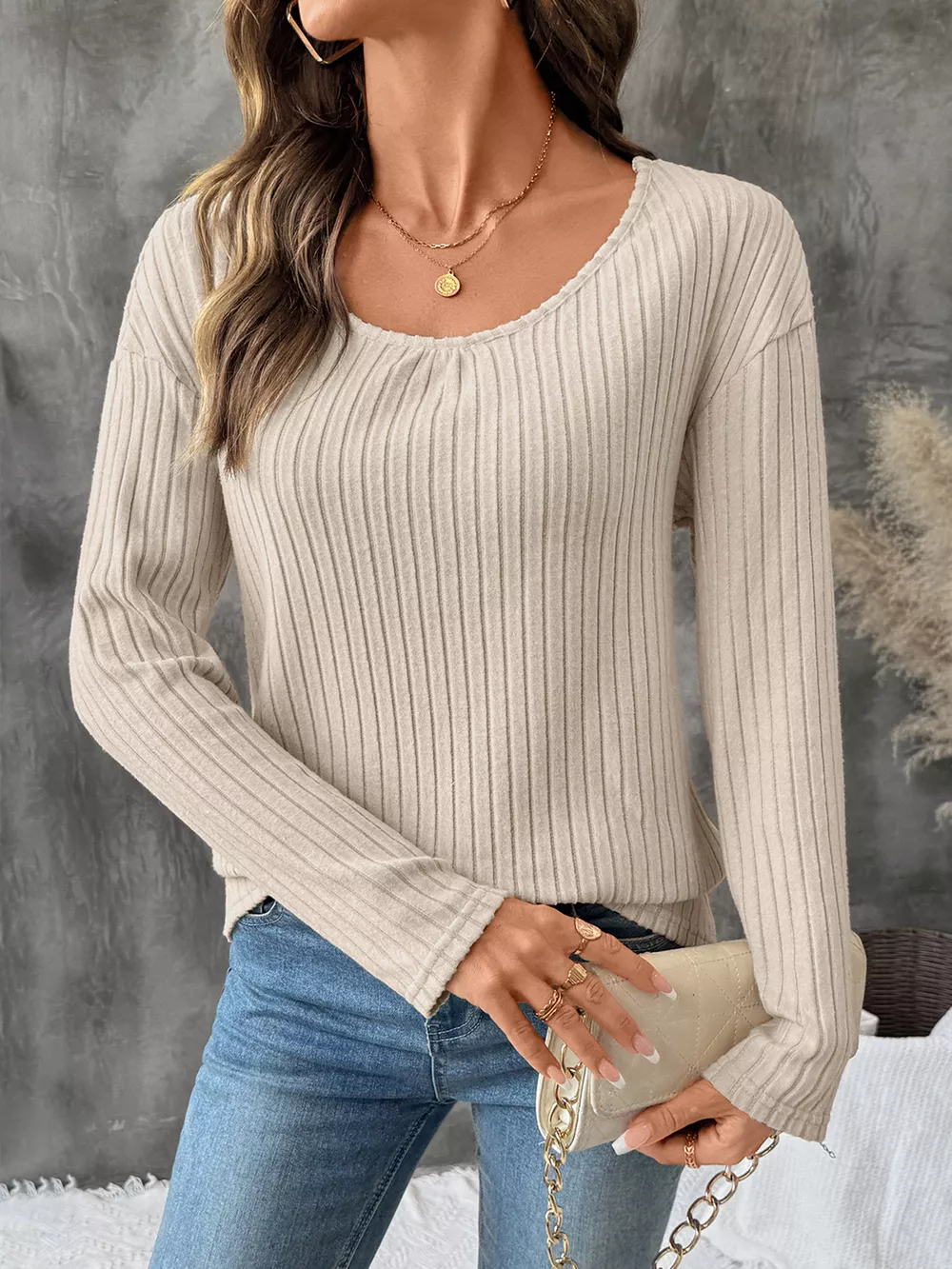 Lace Detail Ribbed Knit Long Sleeve T-Shirt, image 4