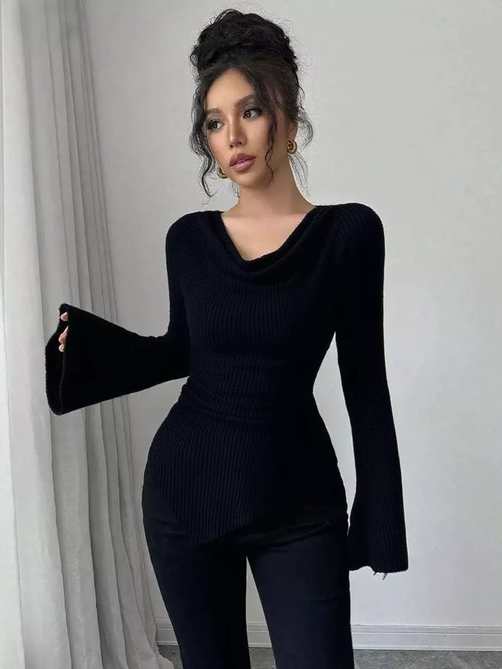 Cowl Neck Flare Sleeve Top