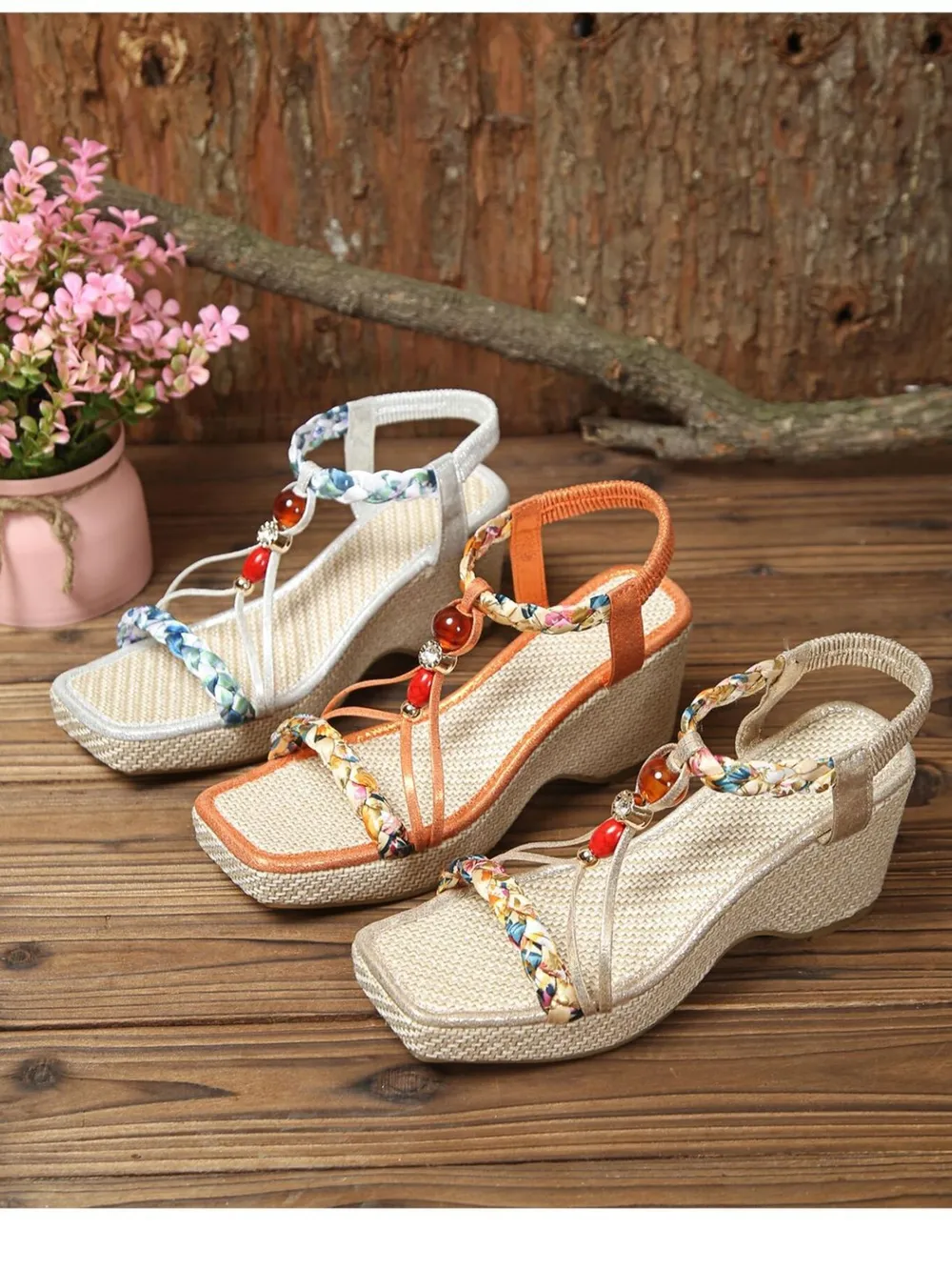 Bohemian Floral Beaded Wedge Sandals, image 2