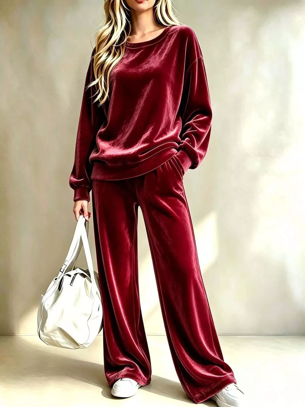 Full Size Dropped Shoulder Velvet Top and Wide Leg Pants Set Plus Size, image 3