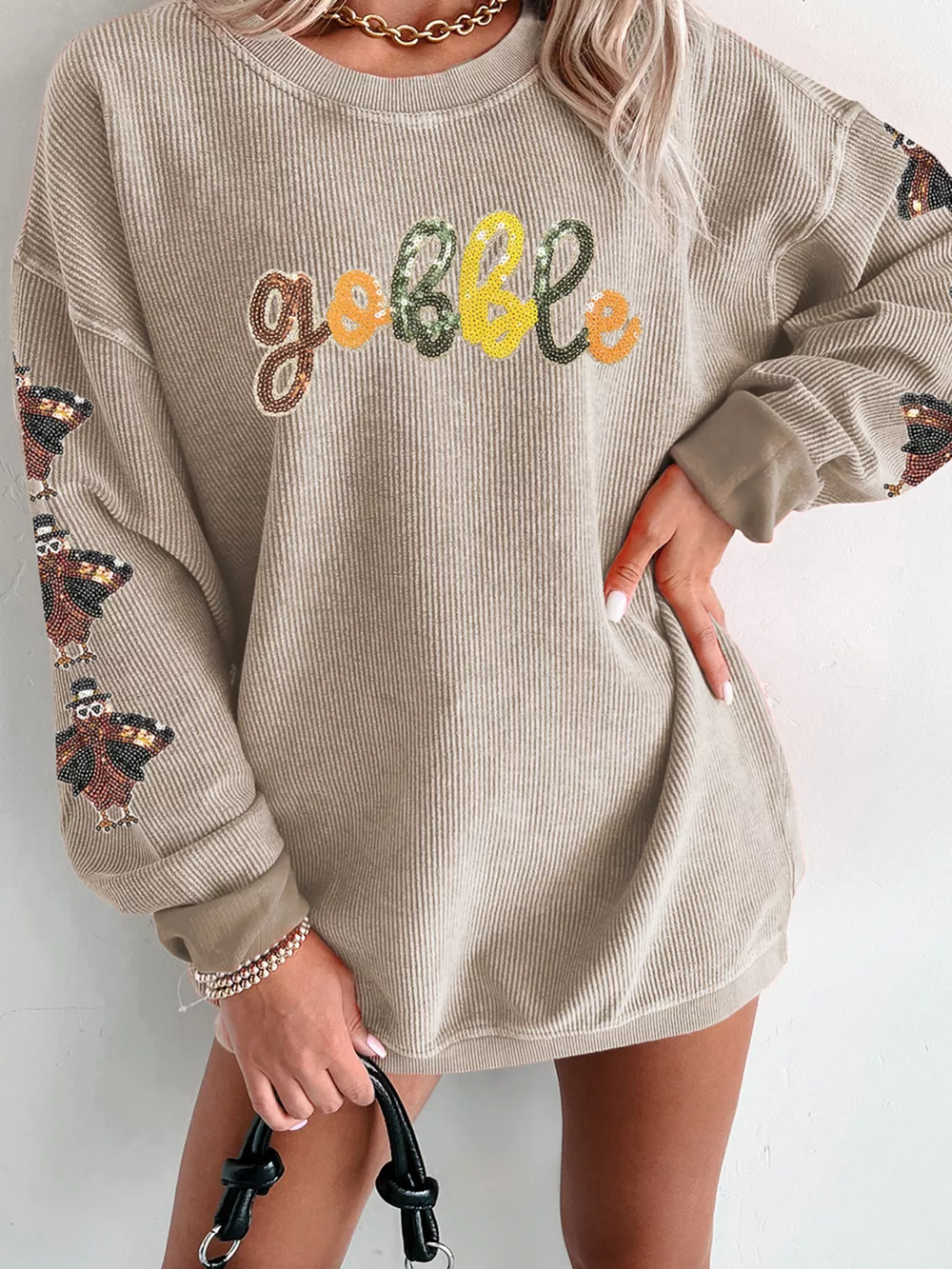 Gobble Corded Ribbed Thanksgiving Turkey Sequin Patched Sleeve Sweatshirt, image 6