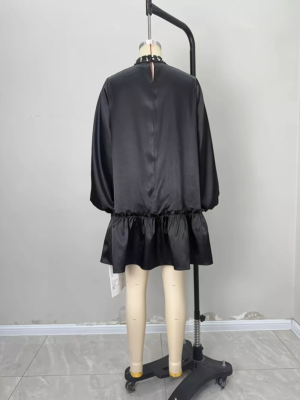 Pearl-Embellished Mock Neck Ruffle Hem Dress, image 7