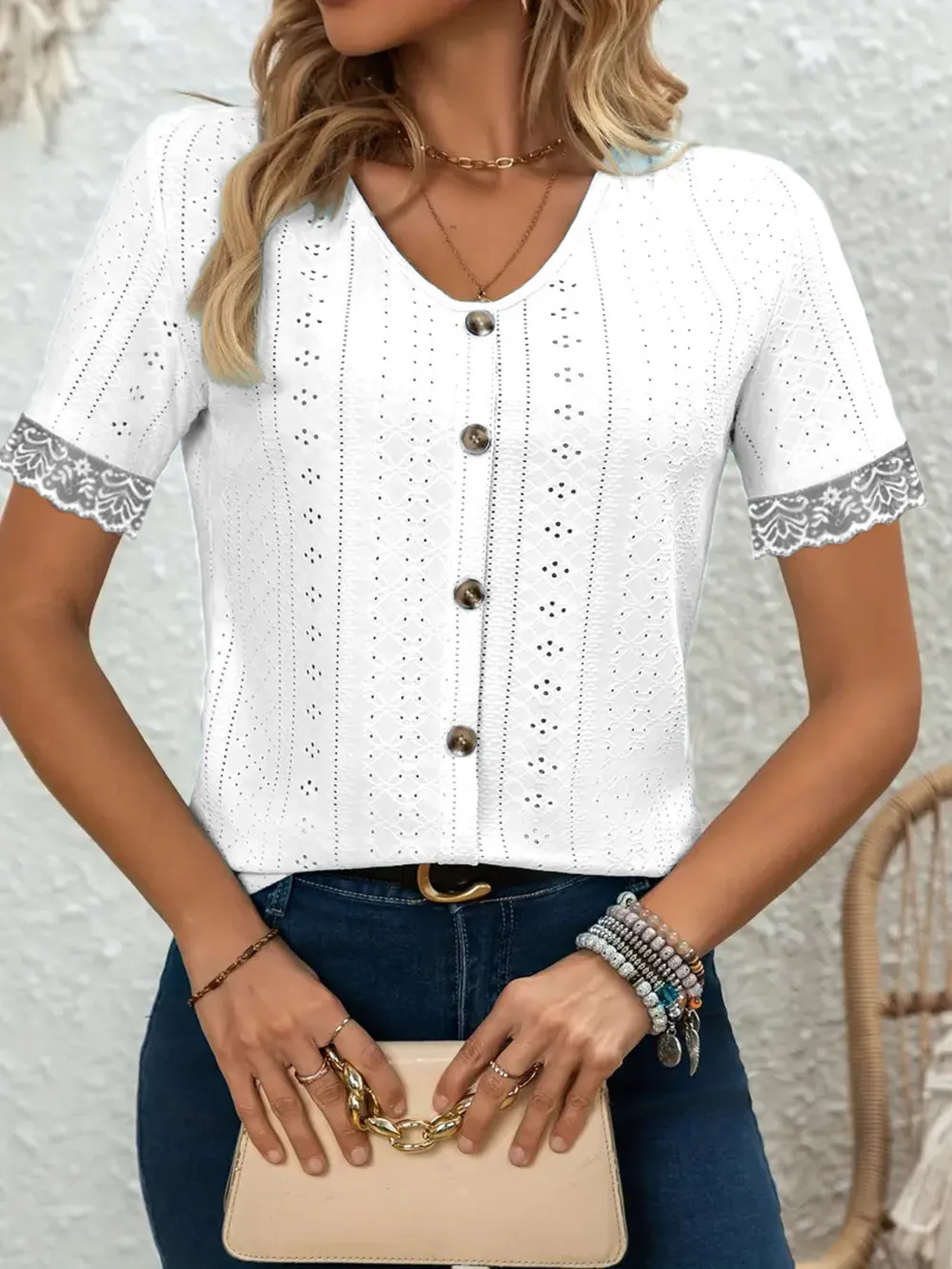 Eyelet Lace Trim Short Sleeve Blouse, image 5