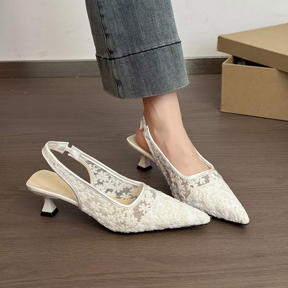 Lace Pointed-Toe Slingback Pumps, image 8