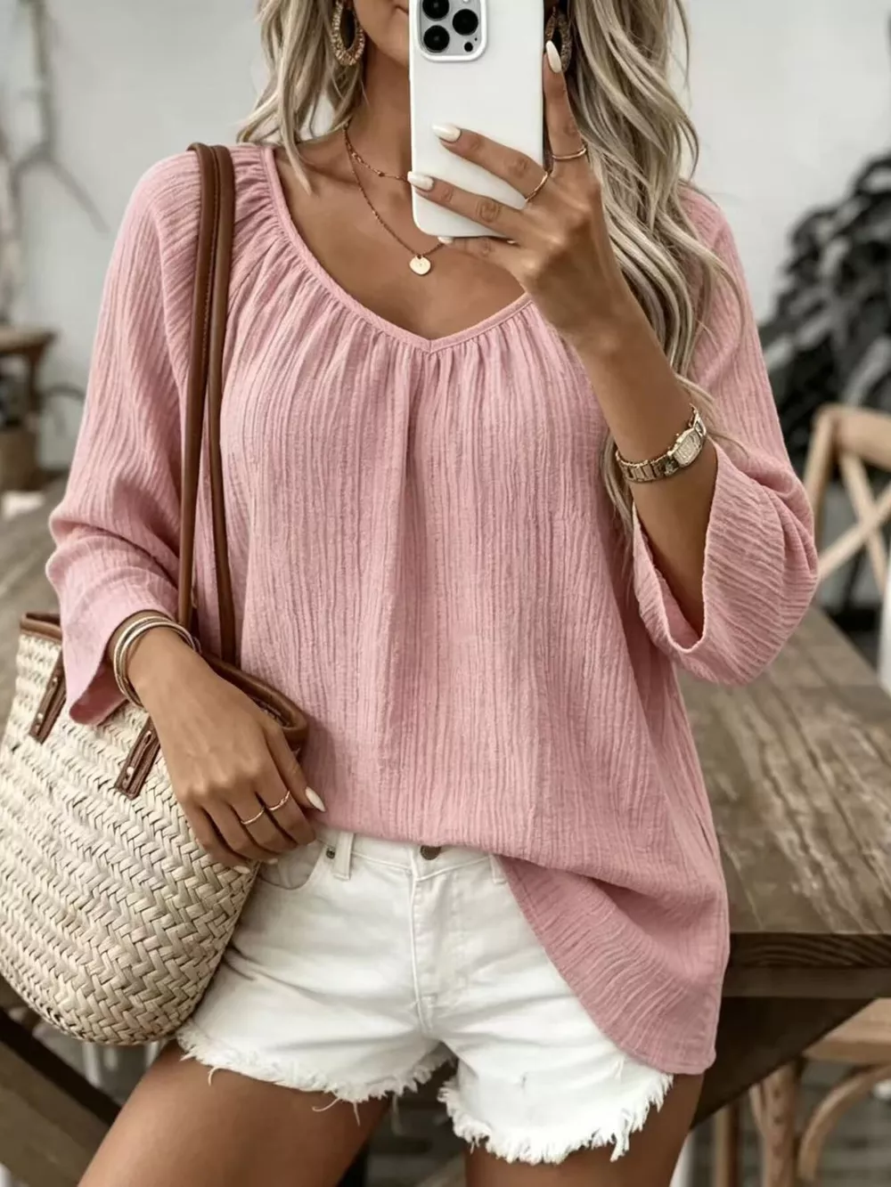 Full Size Textured V-Neck Casual T-Shirt Plus Size, image 7