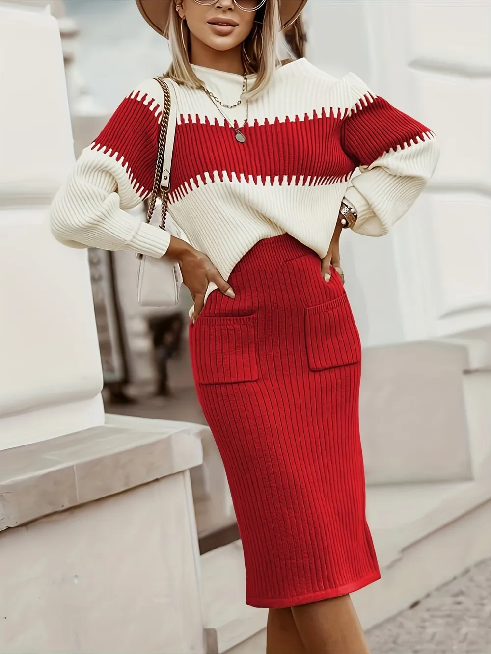 Two-Tone Ribbed Knit Top and Skirt Sweater Set, image 10