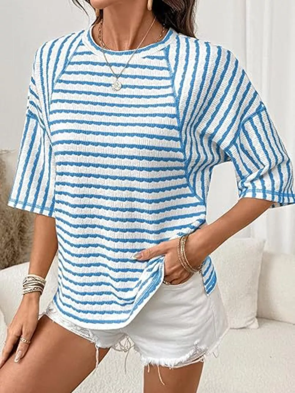 Striped Knit Round Neck T-Shirt, image 2