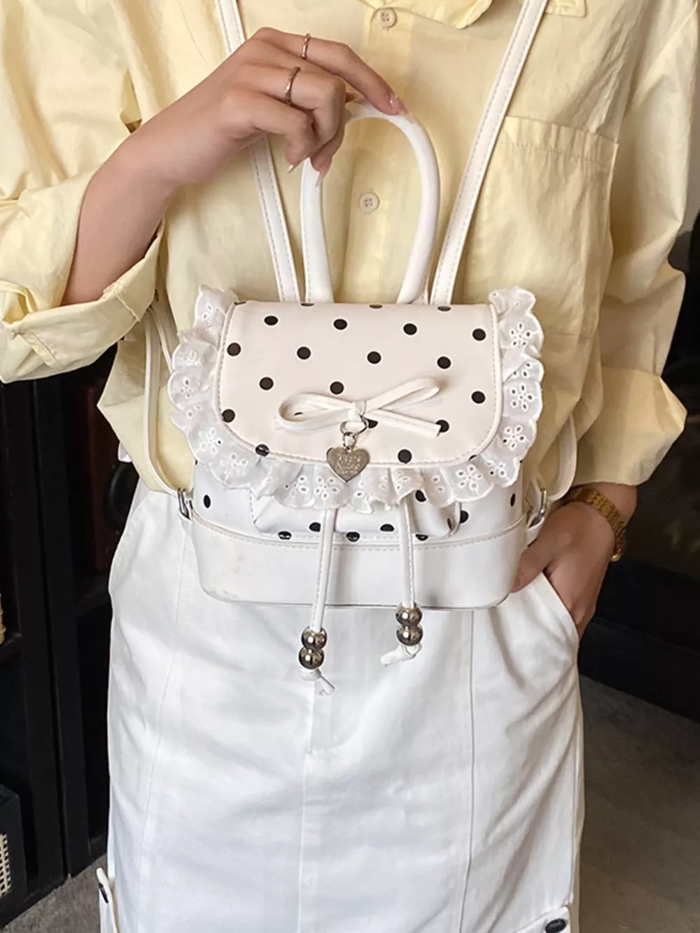 Polka Dot Lace Trim Backpack Bag, image 7
