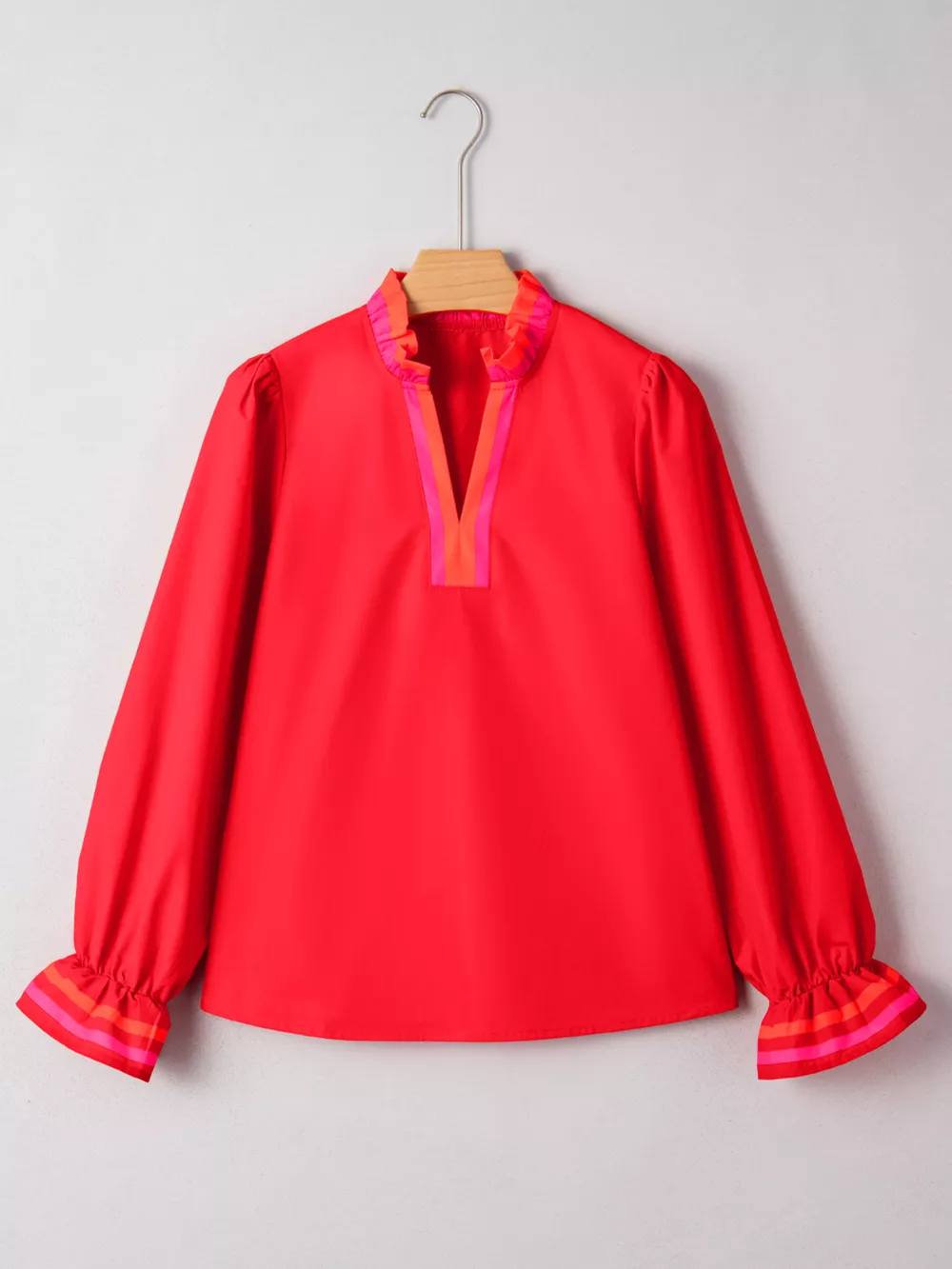 Striped Trim Ruffle Split Neck Long Sleeve Blouse, image 5