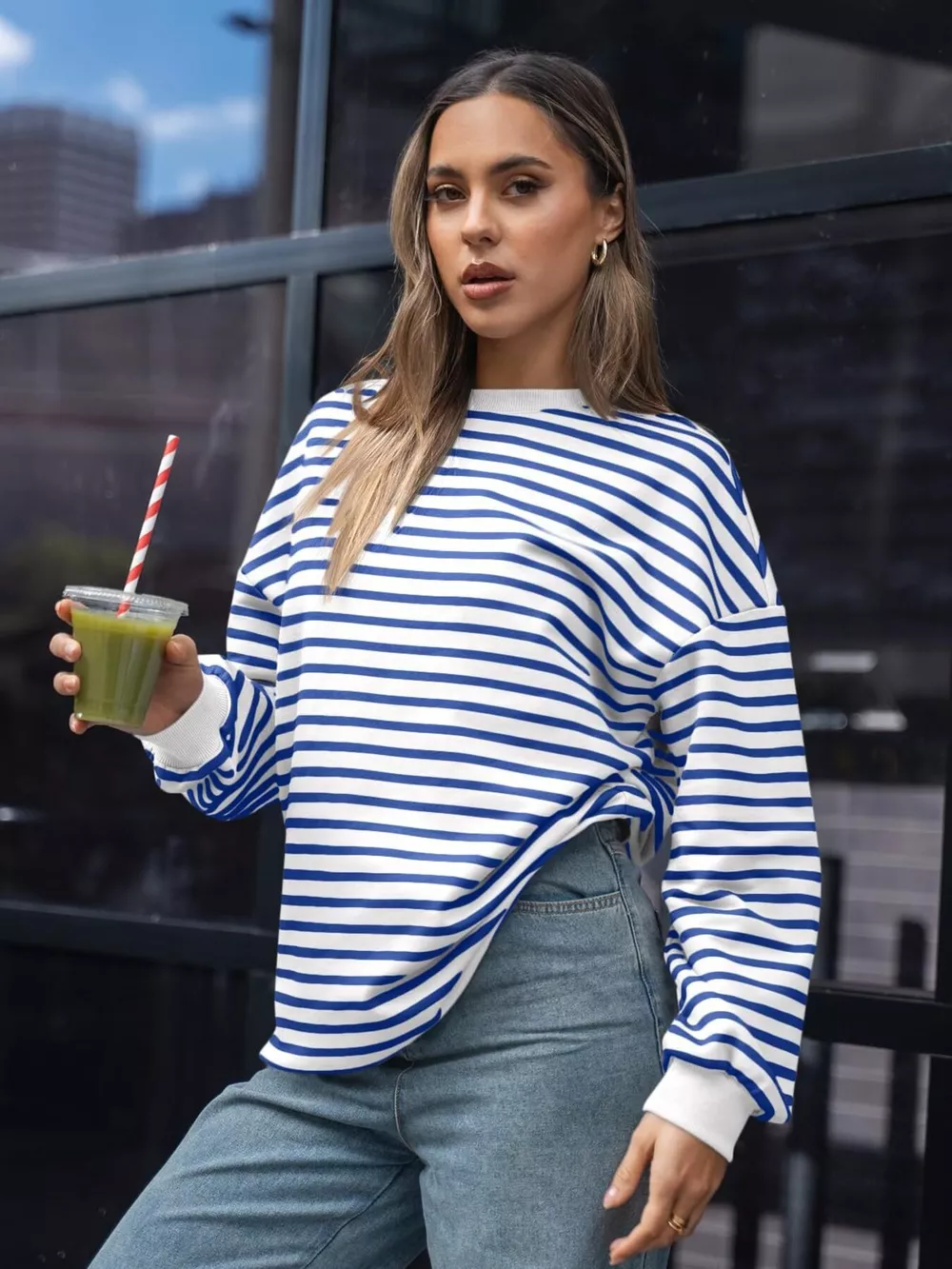 Striped Round Neck Oversized Casual Sweatshirt, image 16