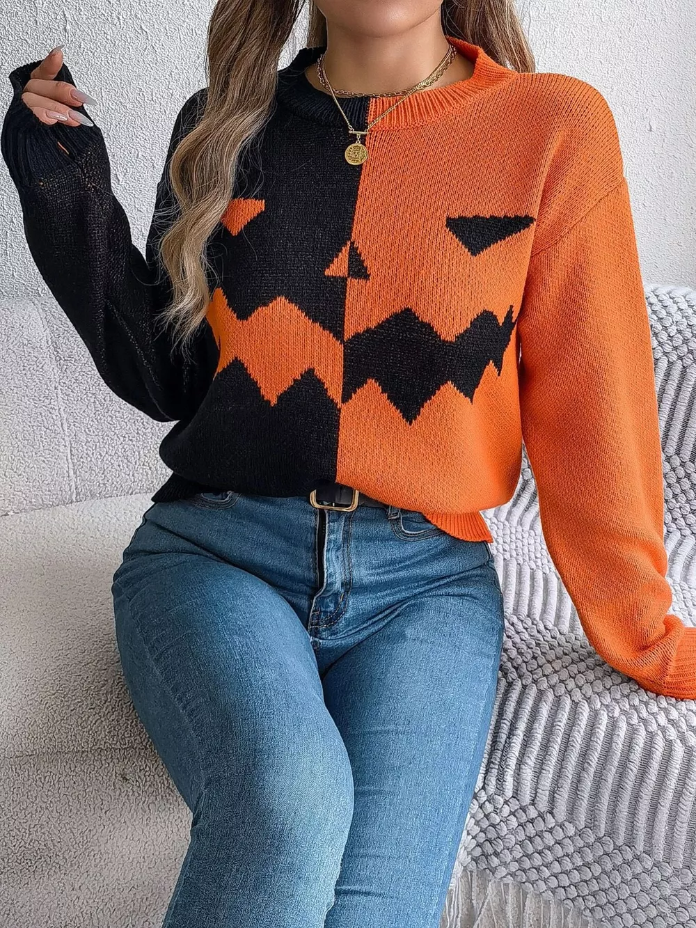Pumpkin Face Graphic Two Tone Sweater, image 3