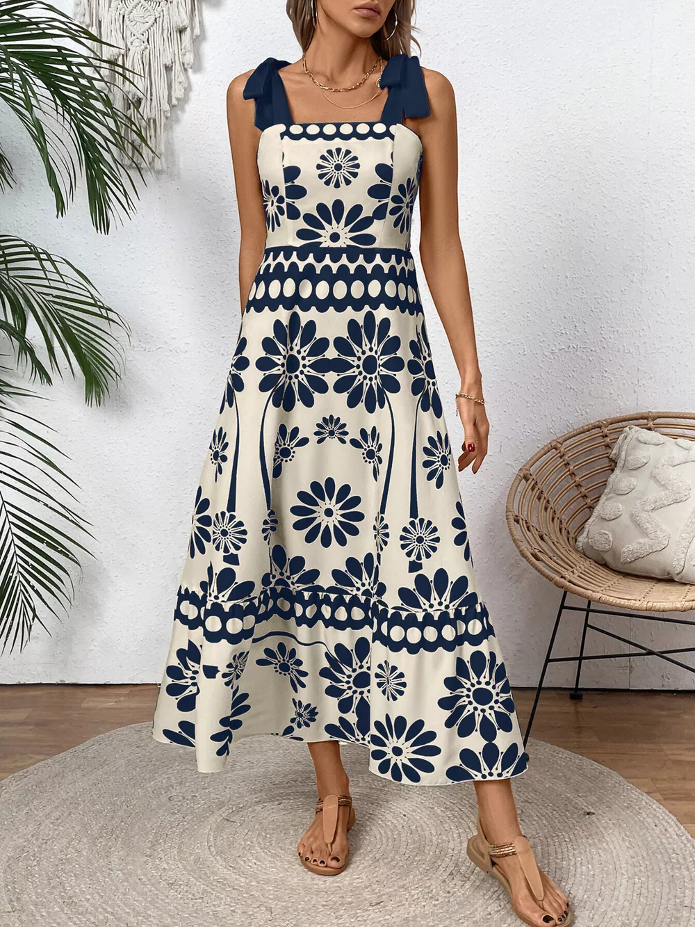 Floral Print Tie-Shoulder Midi Dress, image 6