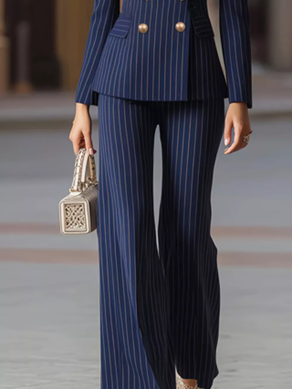 Striped Double-Breasted Blazer & Wide Leg Pants Set, image 4