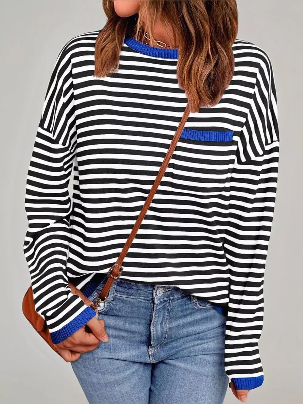 Striped Round Neck Long Sleeve Knit Top, image 13