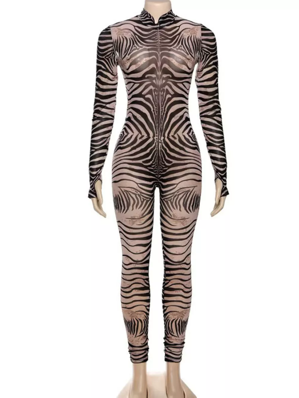 Zebra Print Long Sleeve Bodycon Jumpsuit, image 2