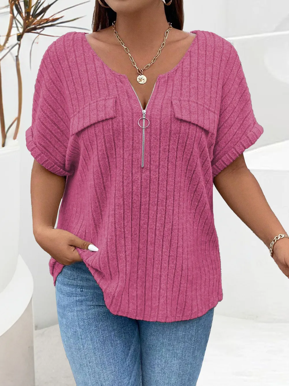 Plus Size Ribbed Half Zip Relaxed Fit T-Shirt, image 31