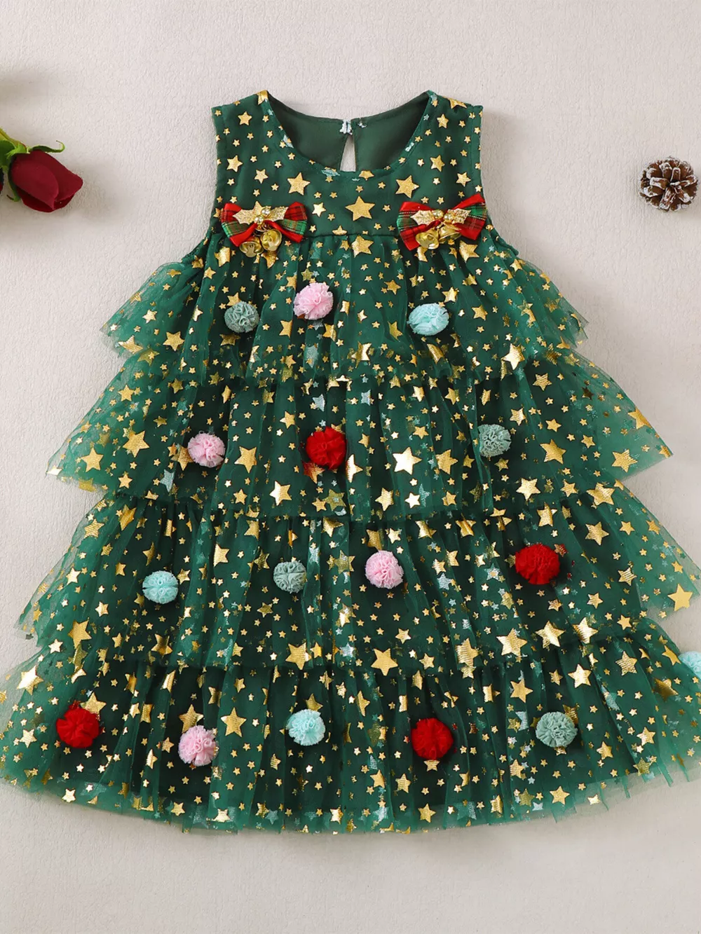 Children's Star Print Pom-Pom Embellishments Tulle Dress