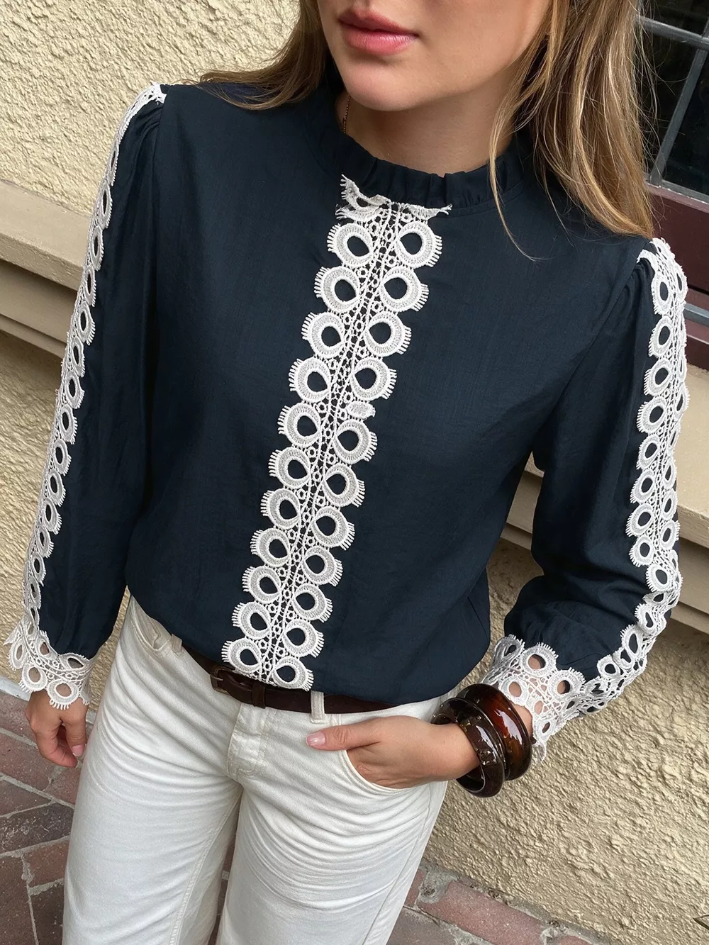 Lace Trim Long Sleeves Blouse, image 2