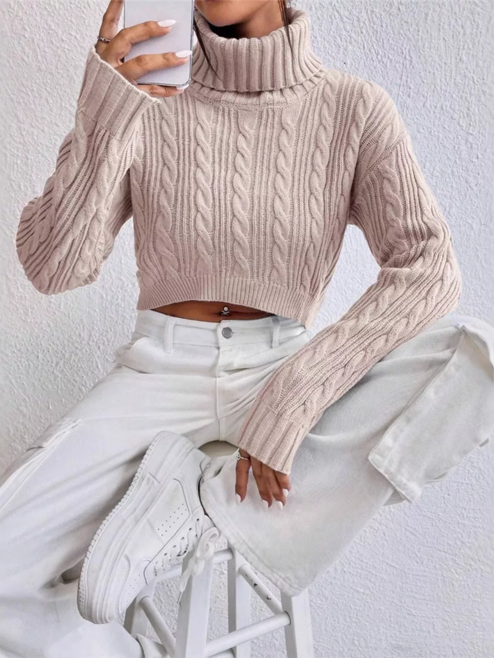 Cable-Knit Turtleneck Long Sleeve Sweater, image 14