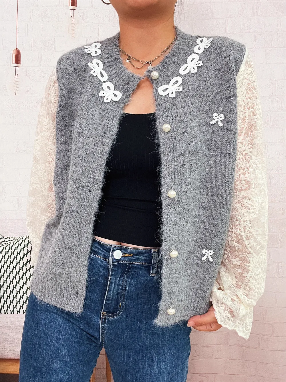 Lace Sleeve Button-Up Cardigan, image 10