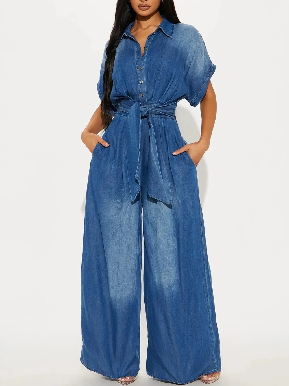 Button Front Wide Leg Denim Jumpsuit, image 10
