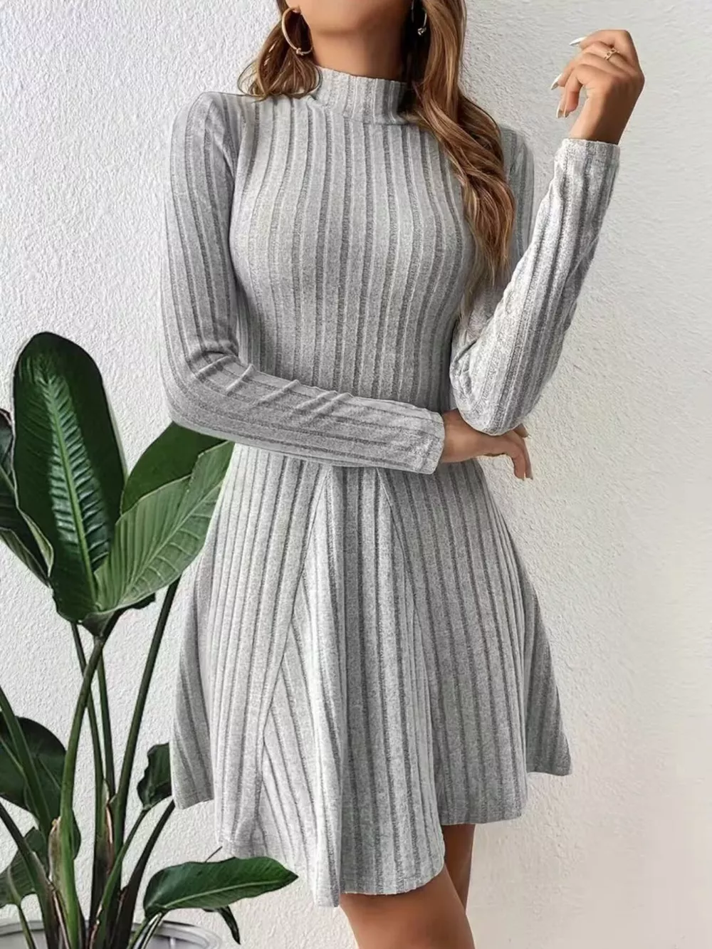 Ribbed Knit Mock Neck Long Sleeve Mini Dress, image 3