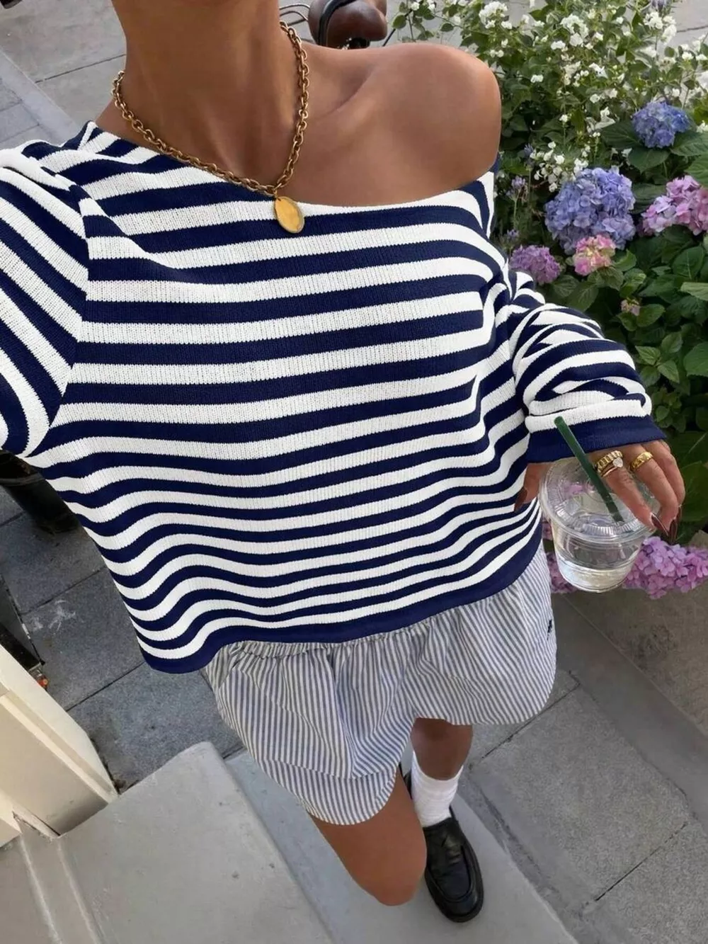 Boat Neck Striped Long Sleeve T-Shirt, image 8