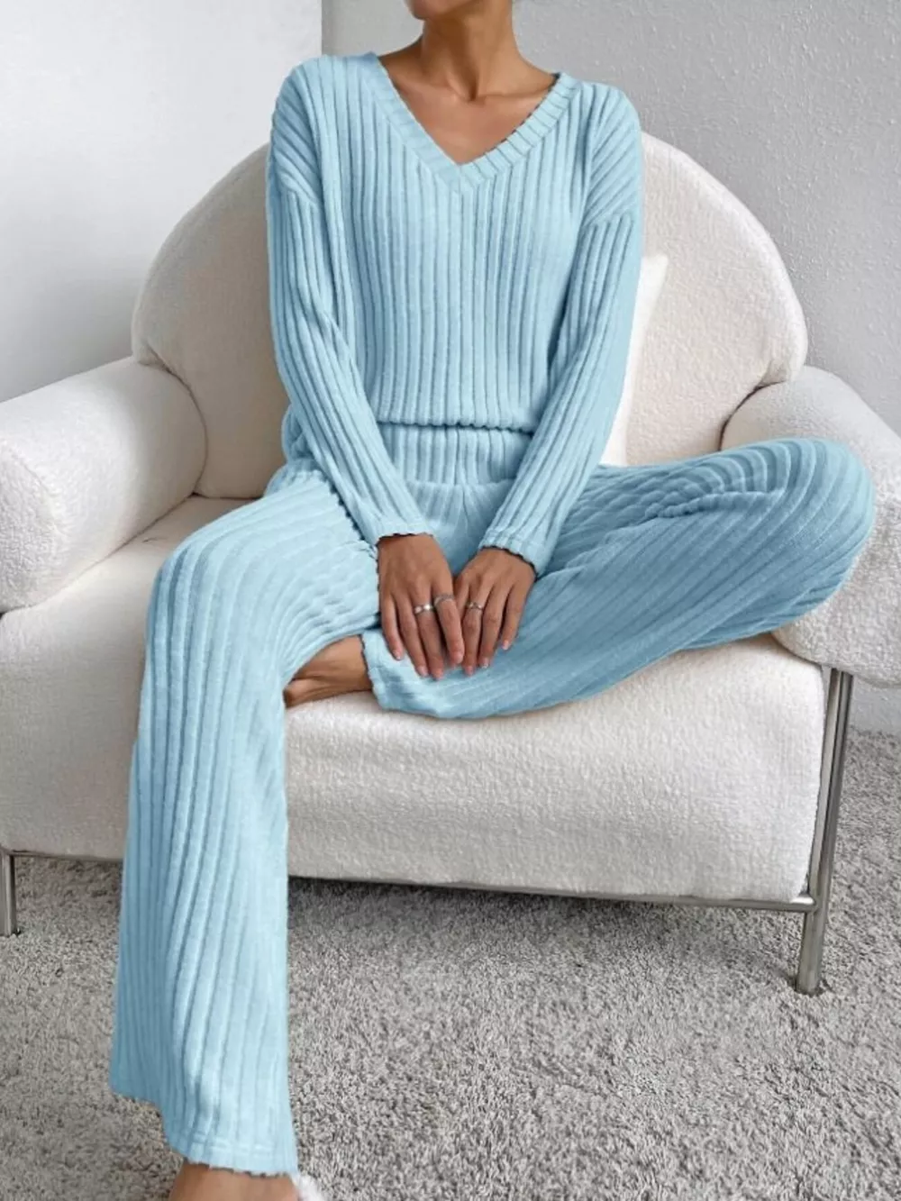 Ribbed Knit V-Neck Top and Pants Set, image 20