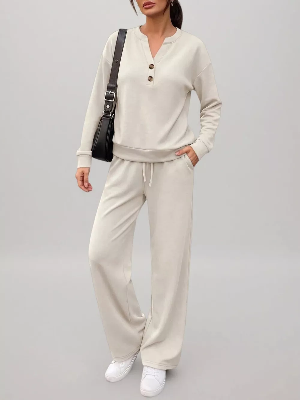 Button Detail Dropped Shoulder Top and Pants Set, image 2