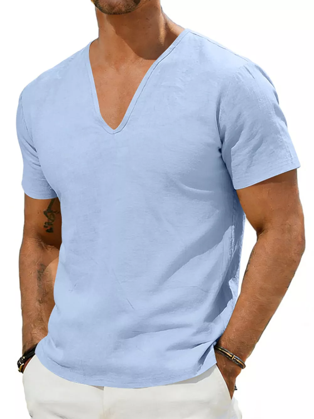 Men's Full Size Casual V-Neck Linen T-Shirt Plus Size, image 14