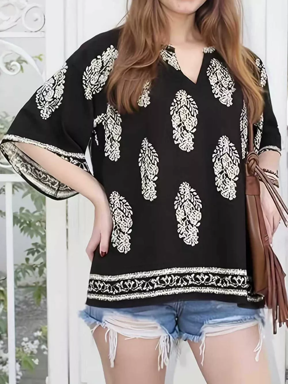 Printed Notched 3/4 Sleeve Blouse, image 2